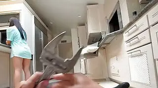 Petite Asian rodes plumbers big dick in kitchen